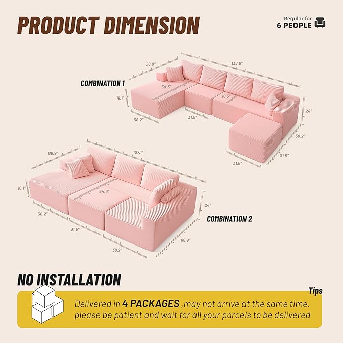 138" Boneless Couch with Deep Seat, Modular Sectional Sofa, Cloud Sectional Couch for Living Room, No Assembly Required, Corduroy, U-Shape 4 Seater Left, Pink