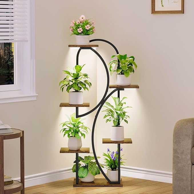 Plant Stand Indoor With Grow Lights - 47" Indoor Plant Shelf, 6-Tiered Corner Plant Stand For Multiple Plants, Lighted Arch-Shaped Flower Display Rack For Living Room, Patio, Hallway