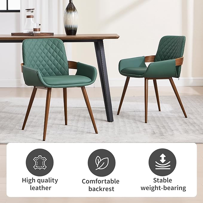 Mid Century Modern Dining Chairs Set of 2 - Faux Leather Dining Room Chairs, Upholstered Kitchen Chair with Arms and Metal Legs - Green