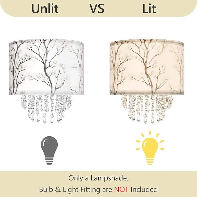 Star Vision Tree Branch Drum Fabric Lampshade with Crystal Bead Droplets, Minimalist Botanical Shade for Pendant Table Wall & Floor Lamps, Nature Home Decor