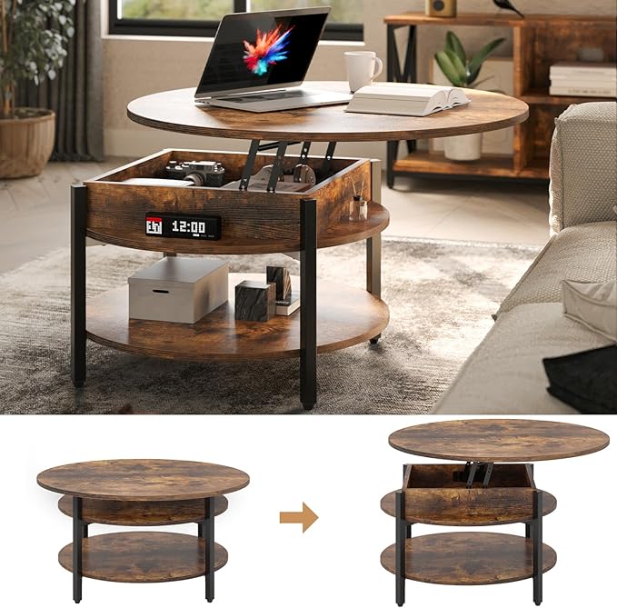 FABATO Round Lift Top Coffee Table with Storage and Hidden Compartment, 26.77'' Farmhouse Coffee Table for Living Room Reception Room, 2 Tier Small Round Coffee Table Circle Dining Table, Rustic Brown