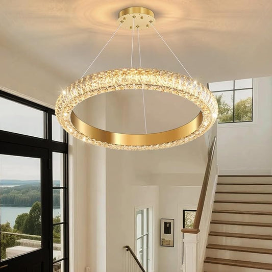 24" Ring Modern LED Dimmable Crystal Chandelier Adjustable Height Pendant Light Round Crystal Chandelier Light Fixtures for Dining Room Living Room Kitchen Island Gold