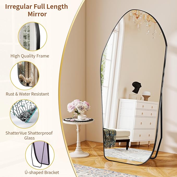 BEAUTYPEAK Full Length Dress Mirror - Floor Mirror 76"x34" Irregular Diamond Shape Aluminum Frame, Standing or Hanging Mirror for Bedroom Living Room Entryway, Black