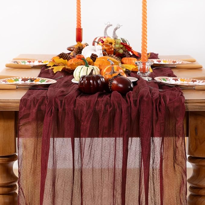 Burgundy Red Cheesecloth Table Runner 6 Pack Fall Table Runners Boho Gauze 120 Inches Red Cheese Cloth Fall Table Decorations for Thanksgiving Christmas Weddings Bridal Shower Candlelight