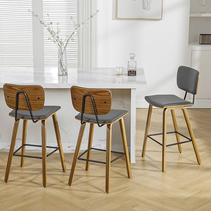 Counter Height Bar Stools Set of 3, PU Leather Upholstered Barstools with Backs, Bent Wood Legs, 26 Inch Seat Height, Mid Century Modern Counter Stools for Kitchen Island, Grey