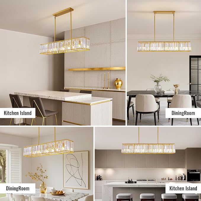 Siljoy 7 Ligts Modern Crystal Chandelier Luxury Gold Rectangular Crystal Chandelier Farmhouse Rectangle Linear Pendant Ceiling Light Fixture for Living Dining Room Kitchen Island L47'' x W10'' x H10''