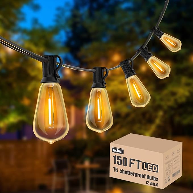 Achin Outdoor String Lights 150FT LED ST38 Edison Vintage String Lights Outdoor Dimmable Warm 2200K with 75 Shatterproof Bulbs Plastic String Lights Waterproof for Patio Bistro Gazebo Lights