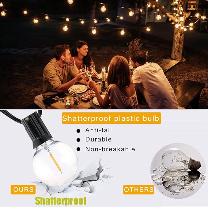 100FT LED String Lights Outdoor Waterproof G40 Globe String Lights with 52 Shatterproof Bulbs(2 Extra), Dimmable Connectable Patio Lights String for Hanging Bistro Backyard Gazebo Lights
