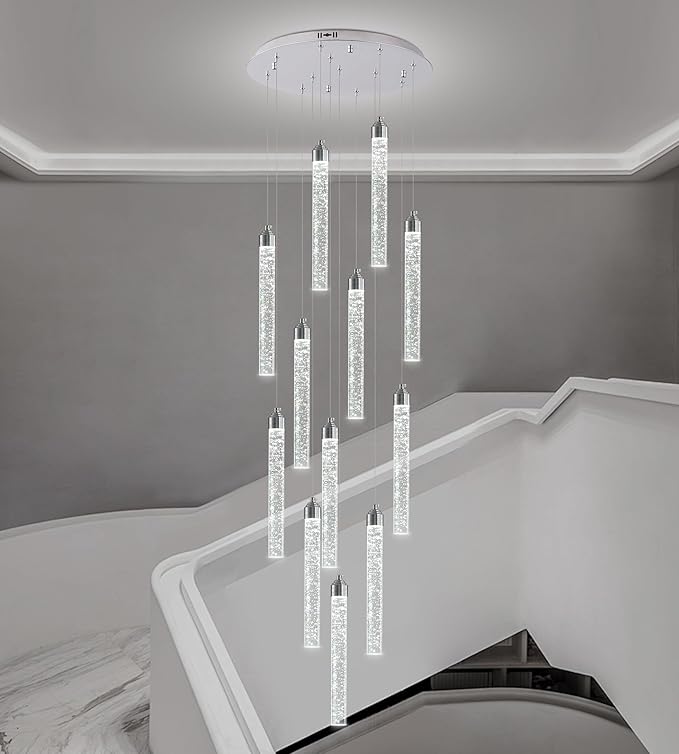 12-Lights High Ceiling Crystal Staircase Chandelier Chrome, Modern Spiral Raindrop Dimmable LED Bubble Cluster Ceiling Hanging Lighting Fixture for Foyer Living Room Entrance Remote Control