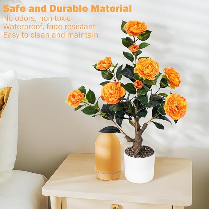 2FT Artificial Camellia Tree, Small Fake Tree for Outdoor Indoor, Plastic Potted Plants for Home Office, Tabletop Desk Orange Flower Plants (1 Pack)