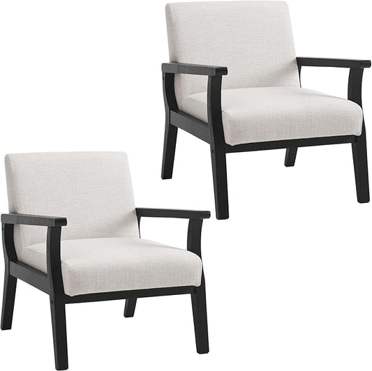 Mid Century Modern Accent Chair Set of 2, Linen Upholstered Living Room Accent Armchair with Black Wood Frame, Farmhouse Chair Indoor Corner Chair for Living Room Bedroom, Beige