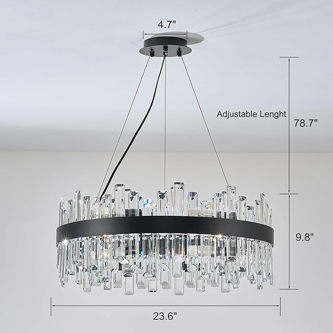 Round Crystal Chandeliers, D23.6 inch 12-Light Black Chandelier Lighting Fixture, Height Adjustable Pendant Ceiling Light for Living Room Dining Room Bedroom