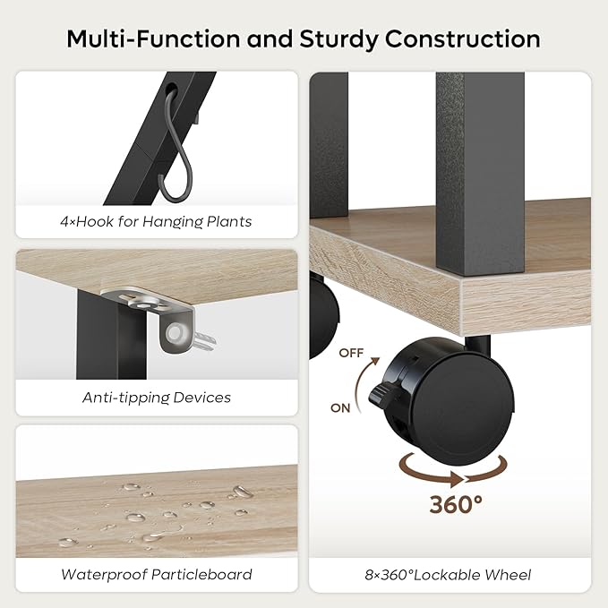 Bestier Plant Stand Indoor with Grow Lights, 6 Tiered Metal Plant Shelf for Indoor Plants Multiple, Half Heart Shape Plant Rack with Wheels, Large Plant Holder for Home Patio Balcony (2 Pcs, Oak)