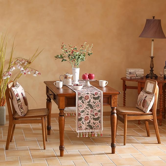 Designer Provence Elegant Linen Table Runner 71 Inches Long,Flower and Leaves Pattern Durable Table Runners for Dining Tables,Thanksgiving,Kitchen Tables,Christmas,12"*71"-Ratina