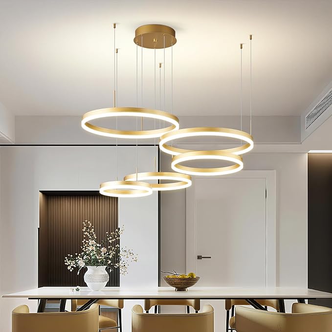 Modern Gold Chandelier Ring LED Dimmable Pendant Light Ceiling Light Fixtures 5 Rings Circle Geometric Chandeliers for Dining Room Living Room Entryway Bedroom Hallway Foyer