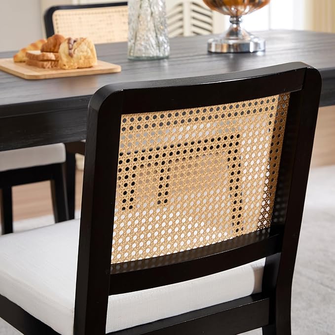 LukeAlon Farmhouse Rattan Dining Chairs Set of 6, Mid Century Modern Linen Kitchen & Dining Chairs with Solid Wood Legs, Woven Cane Upholstered Kitchen Chairs Side Chairs for Dining Room, Beige