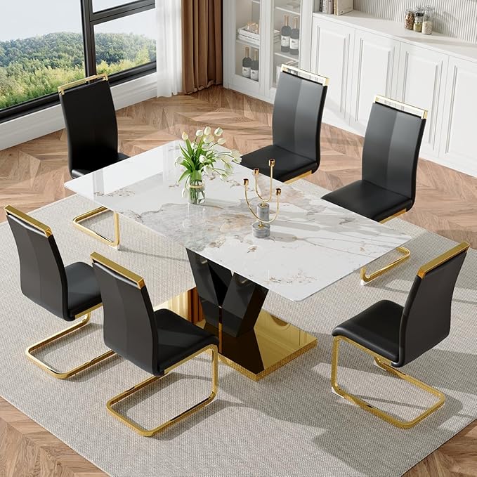 Dining Room Table Set for 6,71'' Marble Dining Table Set,Modern Kitchen Table with 6 PU Leather Chairs,Gold Dining Table Set with V-Shaped Black Glossy Pillars,Ideal for Kitchen Dining Room