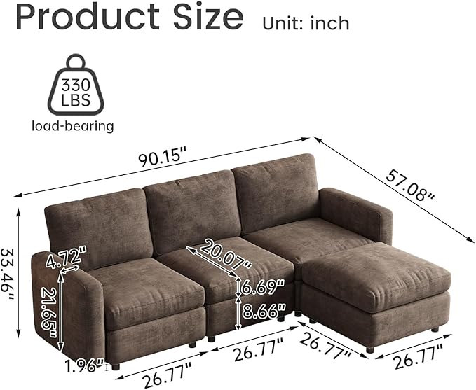4-Seat Modular Sectional Sofa Couch with Ottoman Storage, Convertible Sleeper Sofas for Living Room Bedroom Apartment, Brown Cloud Futon Lounge Couches Furniture Set