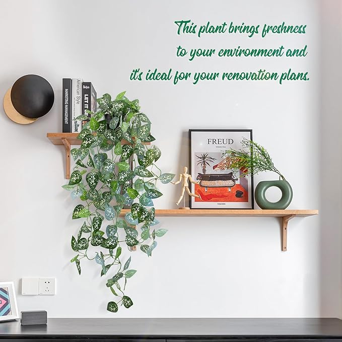 LOYWREE 2 Pack 39-in Long Fake Hanging Plant with Pot Faux Pothos Artificial Potted Plants Small Faux Ivy Vine Plant for Indoor Outdoor Aesthetic Office Living Room Shelf Decor (Black Pot)