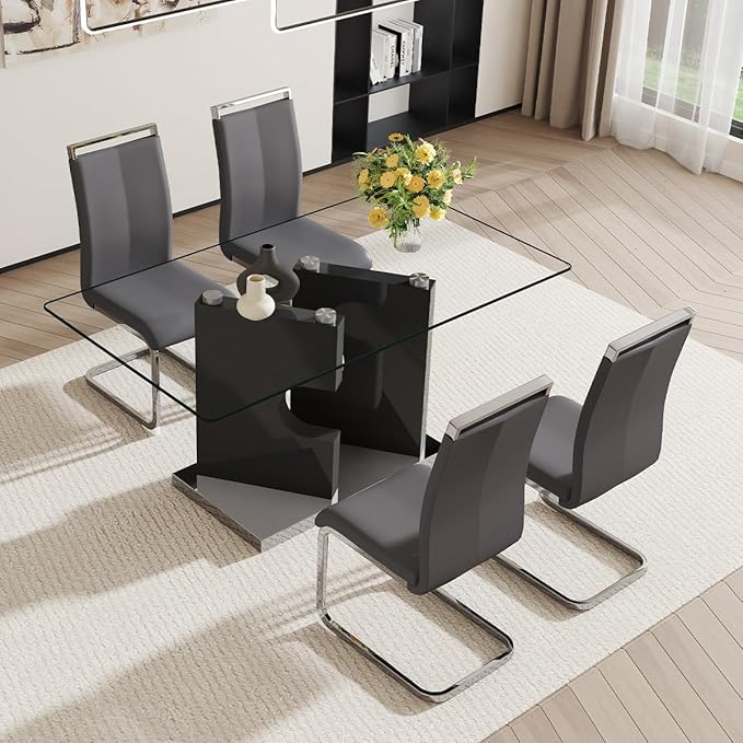 Glass Dining Room Table Set for 4,Dining Table Set for 4 with PU Leather Chairs,Retangular Dining Table with MDF Table Legs and Sliver Base for Dining Room