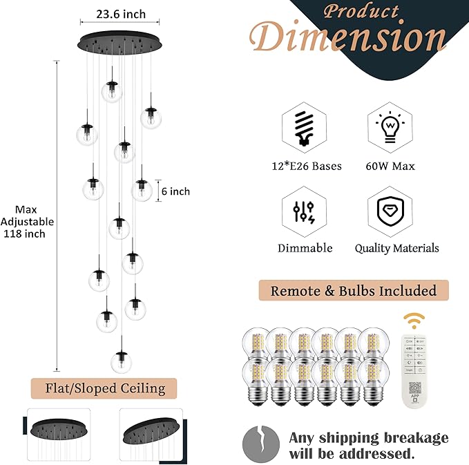 KoKo&Yukina 12-Light Black Mid Century Modern Chandelier for Living Room Staircase Chandelier for Entryway Clear Globe Glass Chandelier High Ceiling Chandeliers Foyer Entryway (Bulb & Remote Incl.)