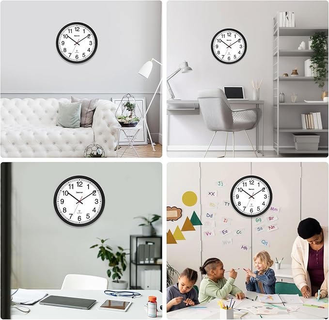 Geevon Atomic Wall Clock, 12" Sets Automatically Wall Clock Battery Operated with AUTO DST, Easy to Read Atomic Analog Clock for Kitchen/Office/Classroom/Living Room(Black)