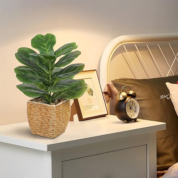 Briful Fake Plants Potted Fiddle Leaf Fig Artificial Plants Indoor Realistic Greenery Faux Plants in Square Plastic Rattan Baskets for Home Decor Farmhouse Office Weddings
