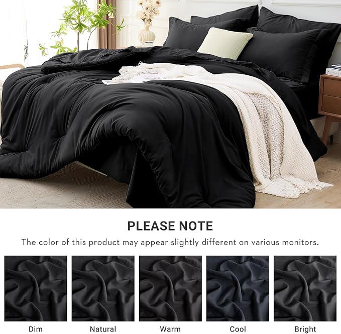 MUXHOMO 7 Pieces King Comforter Set, Soft Bed in a Bag King Size, All Season Bedding Set with Comforter, Flat Sheet, Fitted Sheet, Pillowcases & Shams, Black