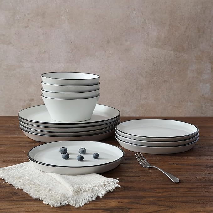 Famiware Saturn Dinnerware Sets, Plates and Bowls Sets for 4, 12 Pieces Stoneware Dish Set - Chip and Scratch Resistant, Microwave and Dishwasher Safe Tableware Set, White with Rim