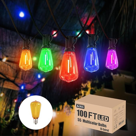 Achin Colored Outdoor String Lights 100Ft LED Multicolor Patio Lights with 55pcs ST38 Colorful Shatterproof Bulbs Rainbow String Lights for Bistro Christmas