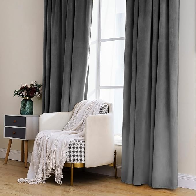 MIULEE Grey Velvet Curtains 96 inches 2 Panels - Luxury Blackout Curtains for Bedroom Living Room Thermal Insulated Super Soft Window Drapes Rod Pocket & Back Tab, W52 x L96 inches