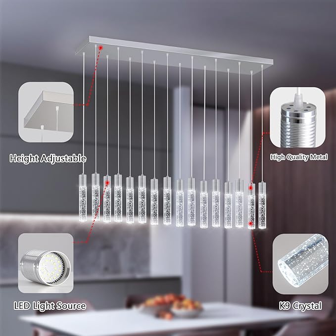16-Lights Modern Crystal Rectangular Chandeliers LED Pendant Light for Kitchen Island High Ceiling Chandelier for Dining Room Entrance Foyer Living Room Silver