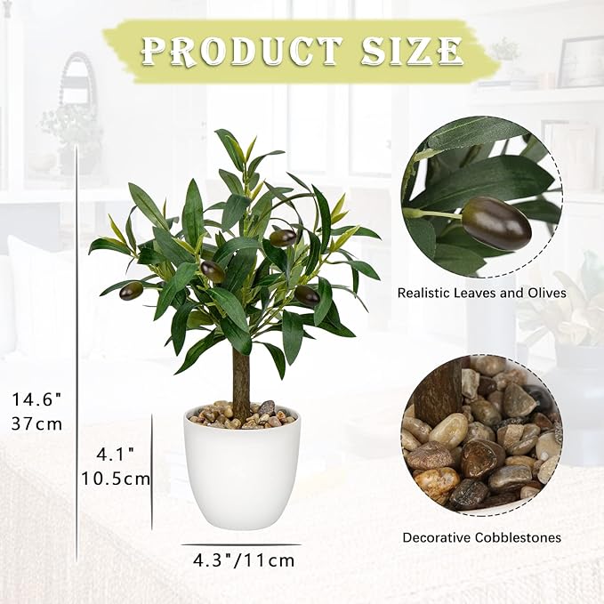 Artificial Olive Tree15'' Small Faux OliveTree Fake Olive Plants with White Pot for Home Bedroom Table Shelf Office Hotel Decor, Briful