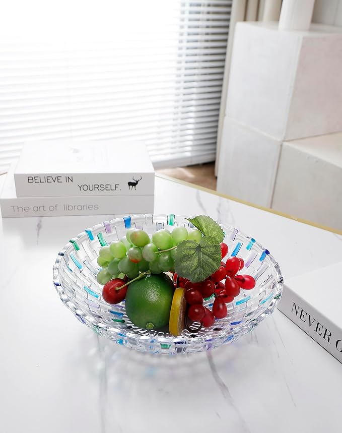 Hand Painted Blue Woven Glass Crystal Salad & Fruit Bowl Decoration,Centerpiece For Home,Office,Wedding Decor, Fruit, Snack, Dessert, Server (Blue)