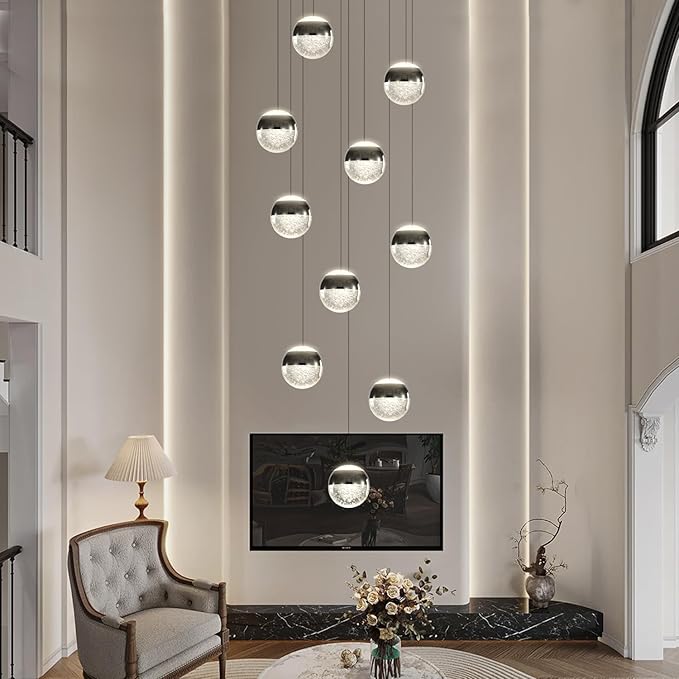 Staircase Chandelier Crystal Globe Pendant Light Black Large Chandeliers for High Ceiling,10-Lights Hanging Flush Mount Lighting Fixtures for Foyer,Entryway,Living Room