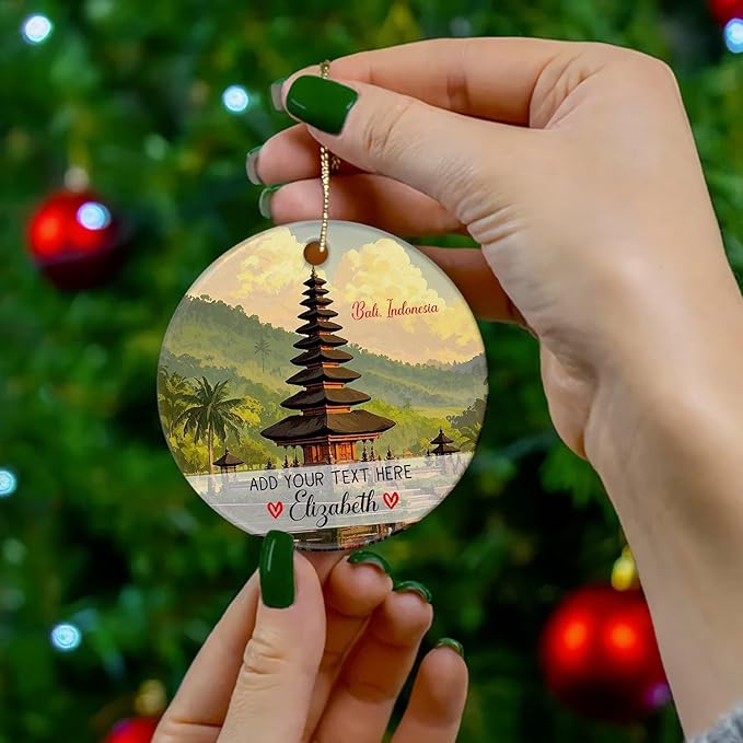 Customized Text/Name Bali Indonesia Ceramic Ornament Christmas 2025, Personalized Bali Landscape Christmas Ornament Keepsake, Ulun Danu Beratan Temple Xmas Ornaments Gifts for Travel Lover Men Women