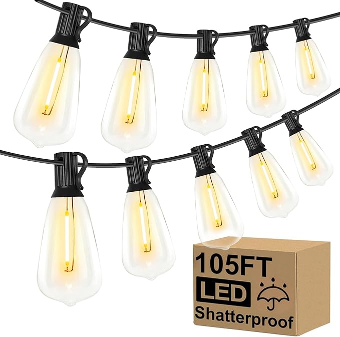 Upgraded LED Outdoor String Lights 105Ft Shatterproof Waterproof ST38 Vintage Edison Bulbs Patio Lights Energy Saving Hanging Outdoor for Christmas Porch Deck Garden Backyard Wedding Party
