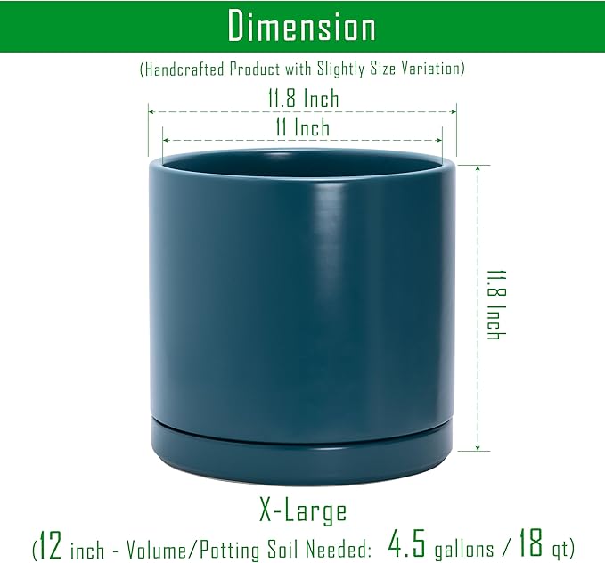 D'vine Dev 12 Inch Ceramic Planter Pot with Drainage Hole and Saucer, Indoor Cylinder Round Planter Pot, Teal, 94-O-F-9