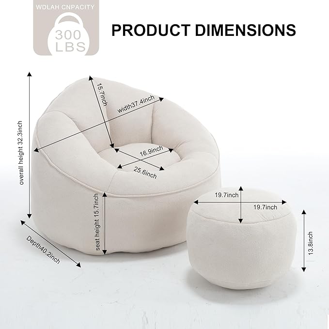 Bean Bag Sofa Chair with Foam Padded Velvet Bean Bag Chair with Soft Foam Padded Ottoman