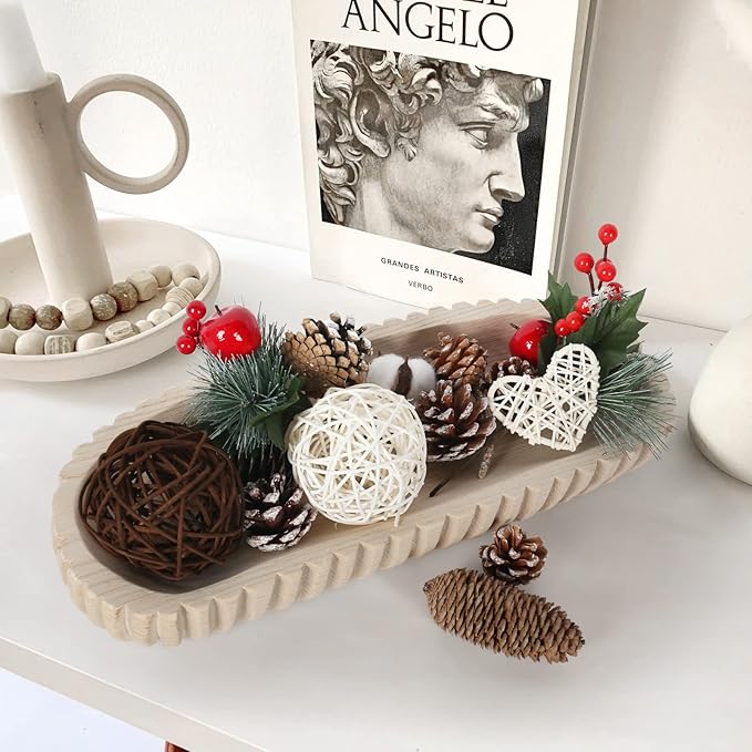 Wooden Decorative Dough Bowl for Home Decor, Unique Centerpiece Bowl, Wood Bowl with Hand Carved Vertical Stripes, Home Decor Accents for Farmhouse Boho Rustic Style (16.3"x 6" Light Wood Color)