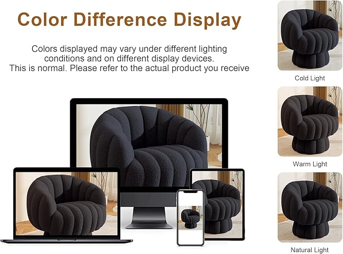 Mid Century Modern 360 Degree Barrel Swivel Accent Sofa Chair,Fluffy Sherpa Fabric Lounge Wide Upholstered Pumpkin Reading Chair, Round Cloud Armchair for Living Room,Bedroom,Vanity(Black)