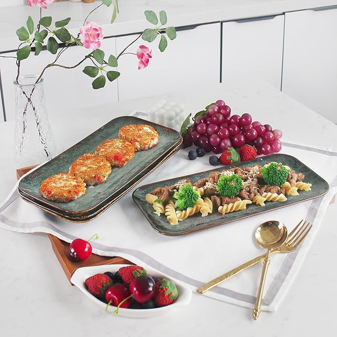 Ceramic Serving Dinner Plate Set, 4-Piece for Main Meals, Tacos, Lunches, Snack, Platters - Microwave and Dishwasher Safe, Scratch Resistant, Kitchen Serving Dinnerware, Black 12.4 Inch