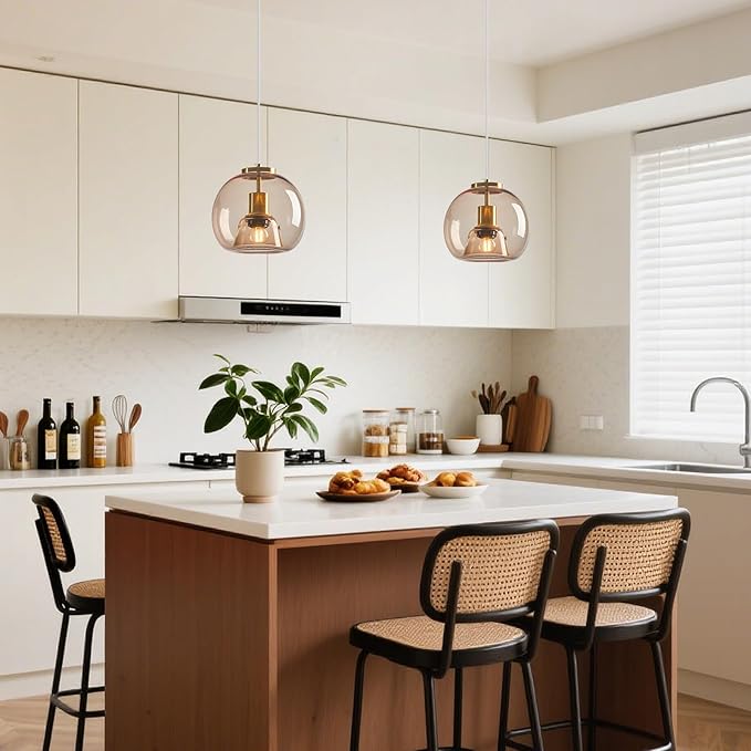 Light Coffee Glass Pendant Lights Kitchen Island Gold Hanging Light Fixture Glass Globe Pendant Light Modern Pendant Lighting for Kitchen Island Bedroom Dining Room (7.87", 1 Pack)