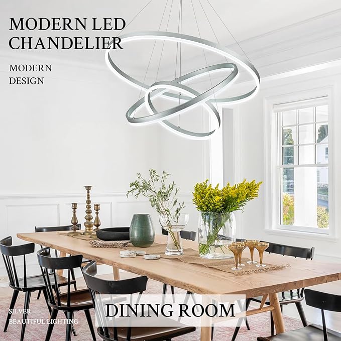 3-Rings Modern LED Chandelier Silver, Dimmable Pendant Lighting with Remote Control Circular Flush Mount High Ceiling Light for Living Room Dining Room Foyer, 3000K-6500K D31.5’’