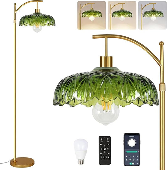 Glass Floor Lamp for Living Room,Bedroom,Gold Standing Lamp with Remote,Dimmable Brass Mid Century Modern Tall Lamp Vintage Retro Green Floor Lamps Boho Flower Floor Light Arc Bohemian