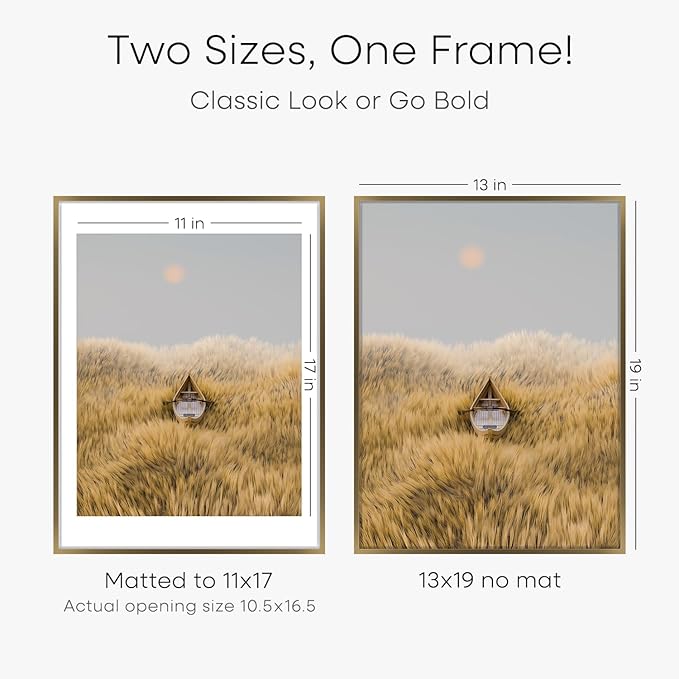 Homeforia 13x19 Picture Frame Bronze, High End Metal 13x19 Brass Poster Frames with Mat 11x17 for Photo, 13 x 19 Frame Matted to 11 by 17 Print, 19x13 Hanging Frame, Tempered Glass, Wall Kit, Set of 3