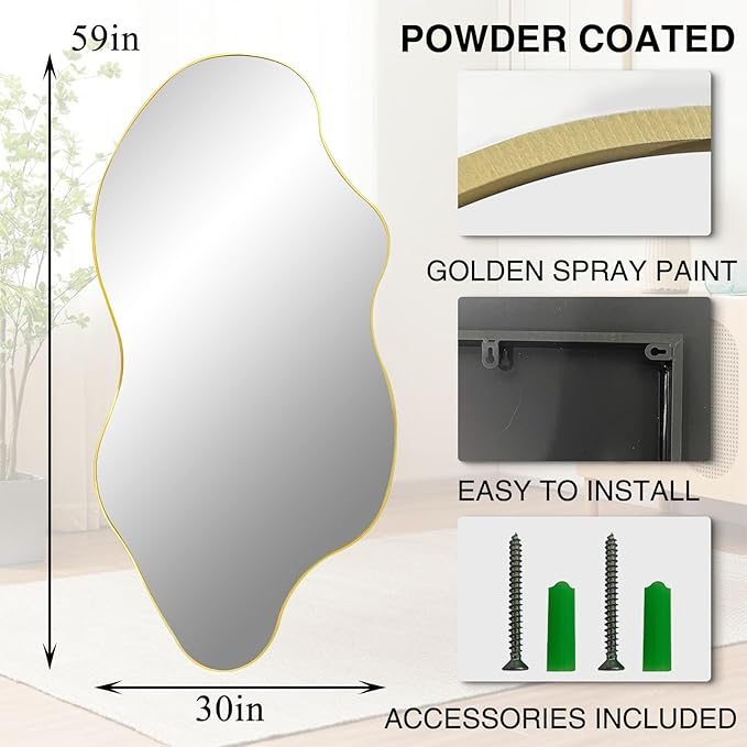 Irregular Mirror Full Length, Large Asymmetrical Wall Mirror, 59"x30" Gold Wavy Shaped Mirrors, Modern Frameless Decorative Mirrors for Dressing Living Room Bedroom Hallway Entryway