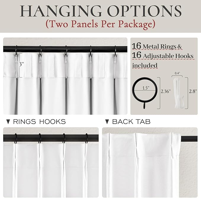 Unique Bright White Blackout Linen 92 Inch Curtains 2 Panels Set for Kids Room / Nursery, Rustic Farmhouse Pinch Pleated Insulated Drapes Room Darkening Privacy Burg for 90 - 92 Inches Large Windows