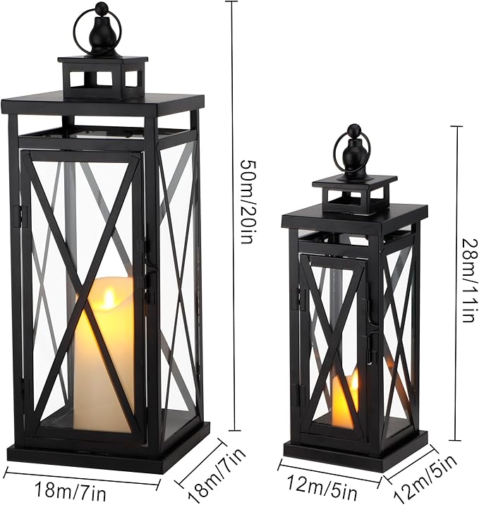 TRIROCKS Set of 2 Deacorative Candle Lantern 20'' & 11'' High Metal Candle Holder Hanging Lanterns with Tempered Glass Perfect for Indoor Outdoor Home Decor Parties Garden Events Wedding (Black)