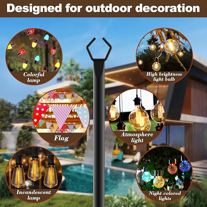 AILBTON 2 Pack 10Ft String Light Poles,Light Poles for Outside String Lights,Outdoor Light Poles with Fork,Metal Pole Stand for Patio,Backyard,Deck